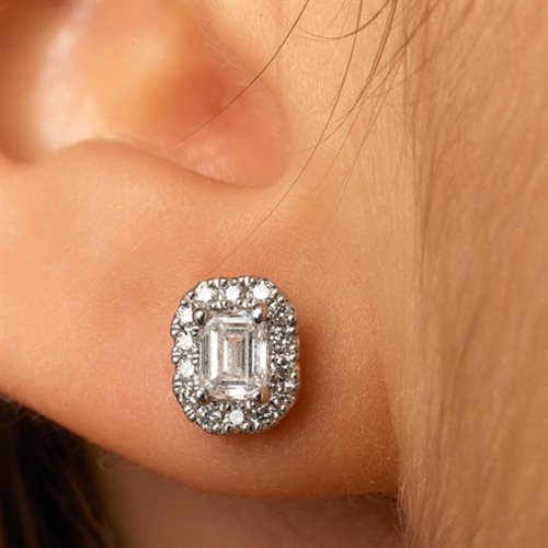 Boucle d'oreille halo, diamant naturel taille émeraude